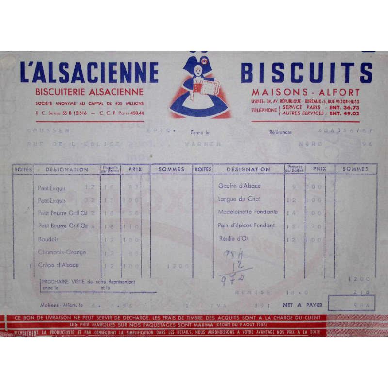 Ancienne facture professionnelle L'alsacienne Biscuits 1956